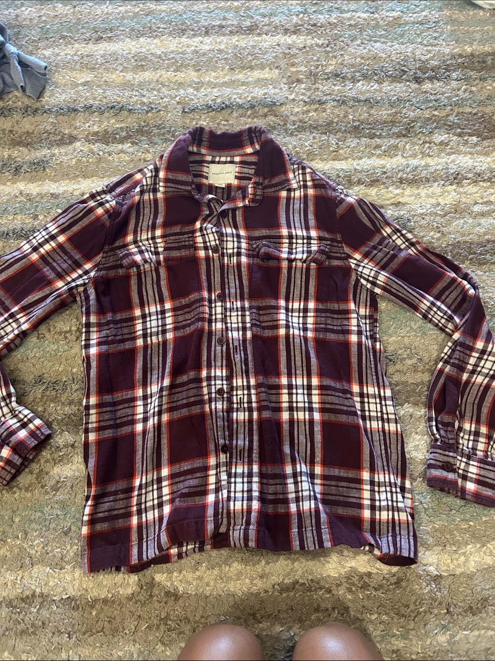 American Eagle Burgundy, White & Orange Plaid Flannel Shirt